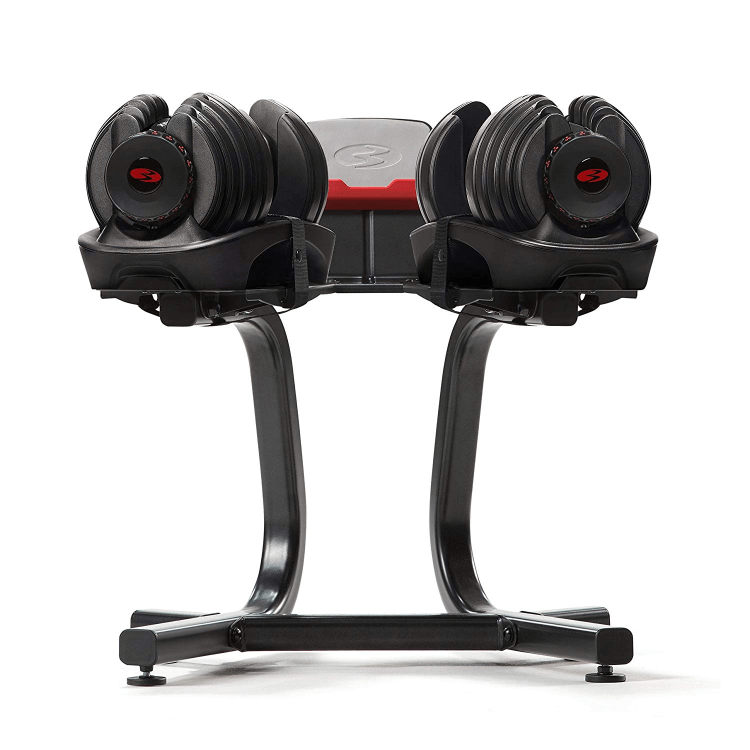 SelectTech 1090 Adjustable Dumbbells by Bowflex on stand