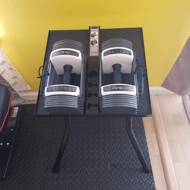 Powerblock Sport 24 dumbbells on small PowerBlock compact weight stand