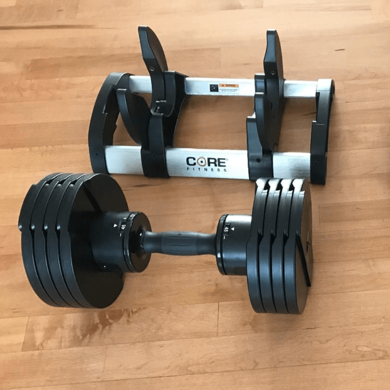 Core Fitness adjustable dumbbells and weight rack