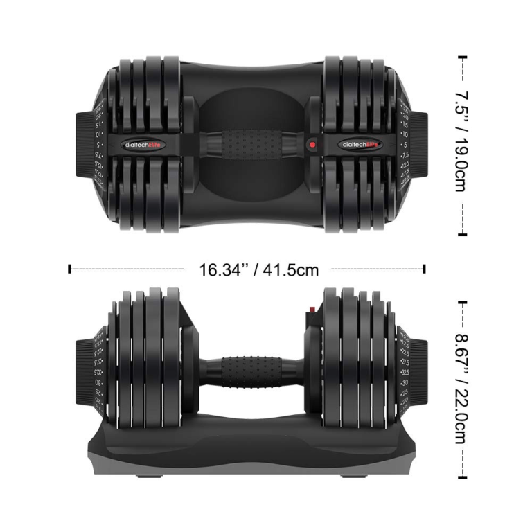 Dimensions of ATIVAFIT 71.5 pound adjustable dumbbell